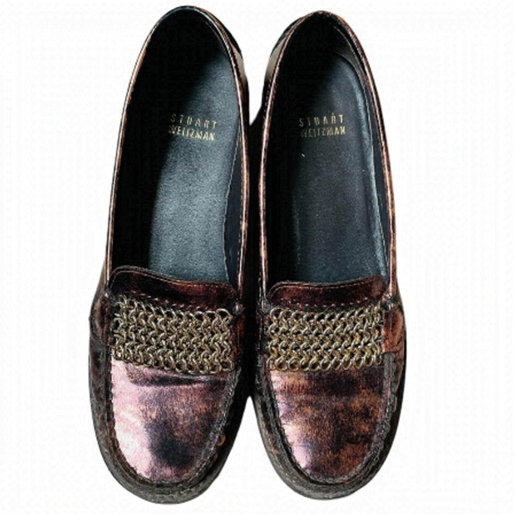 STUART Weitzman Brown Leather Chain Detailing Loafers SZ 7